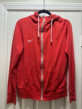 Nike Red Zip-Up Hoodie with White Swoosh Size Large